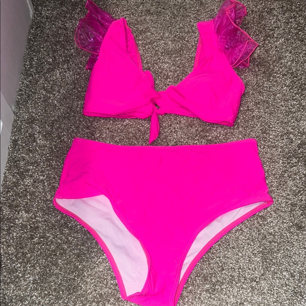 Vibrant Pink Bikini Set with Ruffle Details